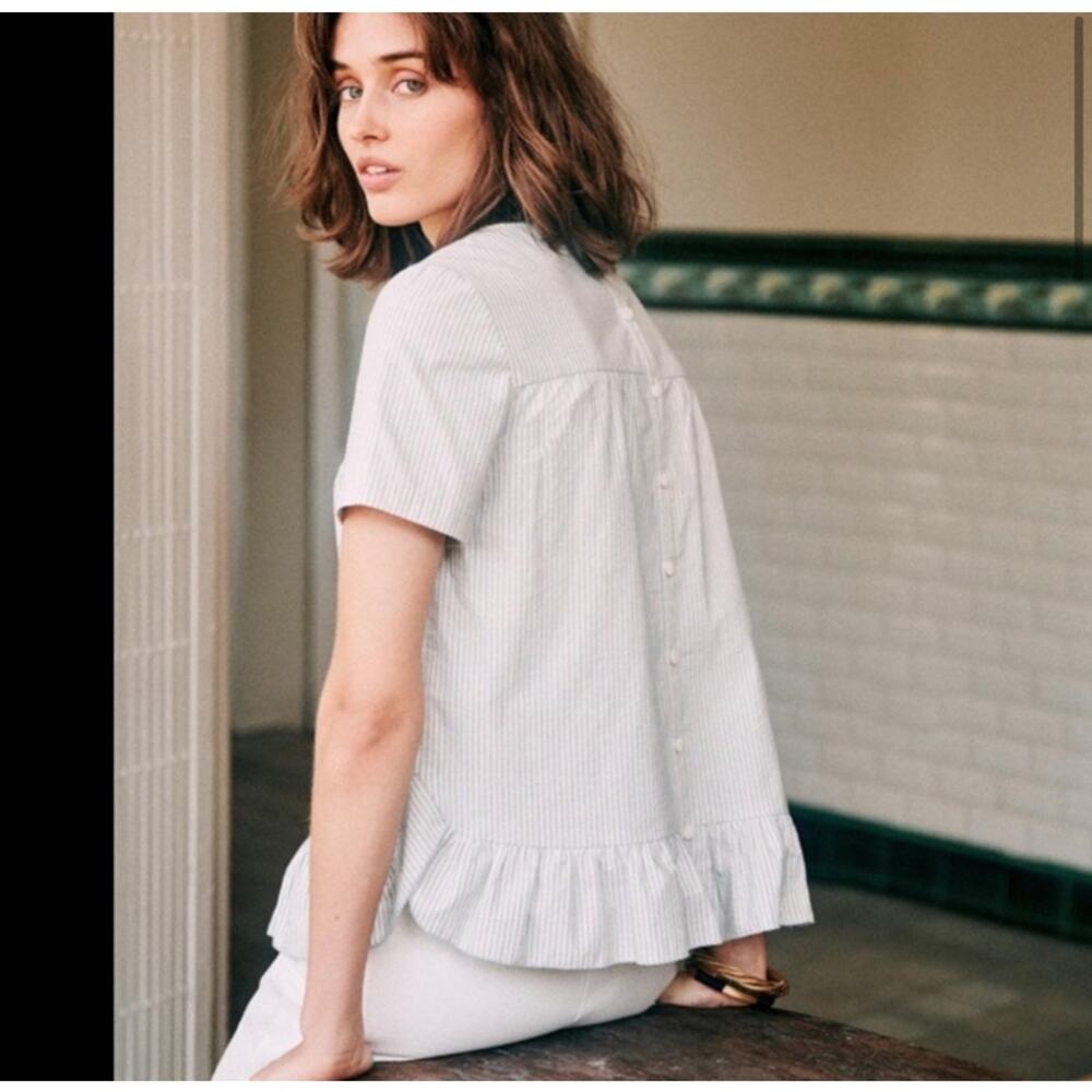 NWT SEZANE Marion Seersucker Stripe Ruffle Hem Blouse Size 36 US 4